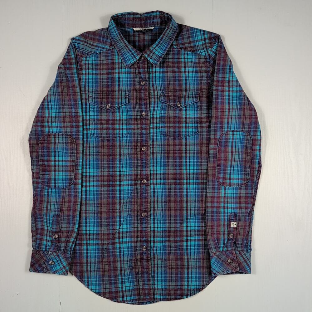 KAVU Men’s L Plaid Flannel Shirt Blue Teal Maroon Long Sleeve Casual Outdoor - Picture 4 of 14